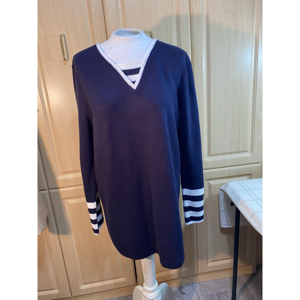 J.G. Hook Women's Navy Blue Striped Sweater Tunic  Fisherman Aesthetic Nautical